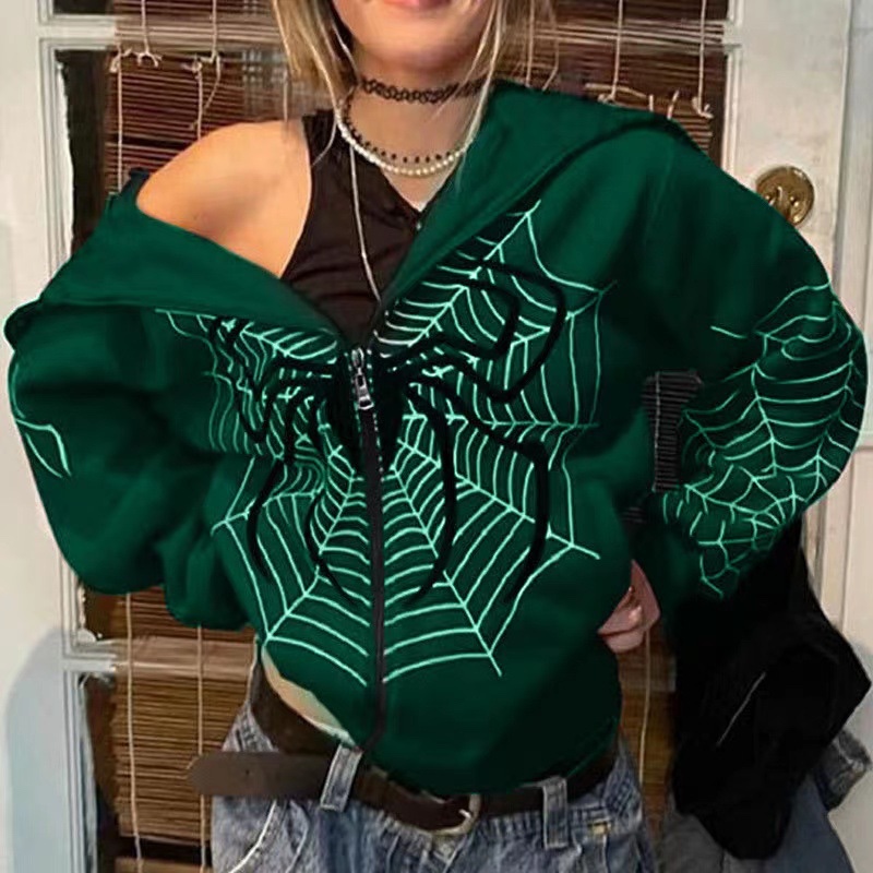 Y2k Sudadera con capucha y cremallera completa para mujer, sudadera gótica de gran tamaño, chaqueta gráfica de manga larga con diamantes de imitación, ropa de calle