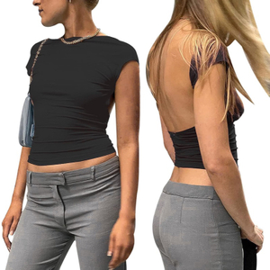 Camiseta corta sexy sin espalda de manga corta ajustada con cuello redondo de verano casual Y2K para mujer